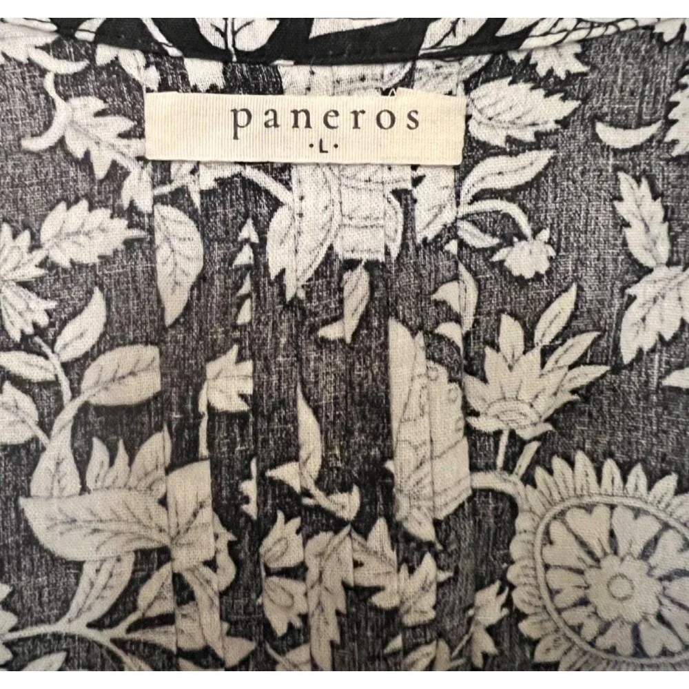 PANEROS Chloe Shirt Midnight Garden Black/White Floral Ruffle Neckline Preppy L - Picture 8 of 9